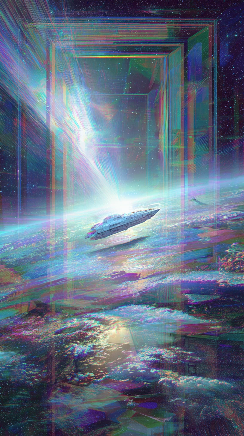 Surreal spaceship crossing dimensions in a distorted cosmic void