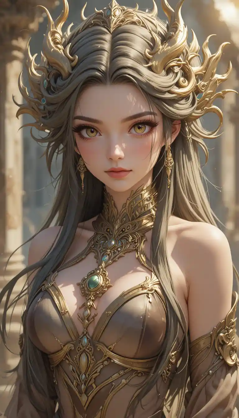 Dragon horned anime girl with golden eyes portrait