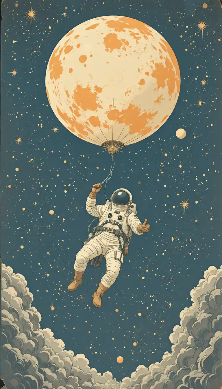 Retro astronaut floating with a giant orange planet balloon