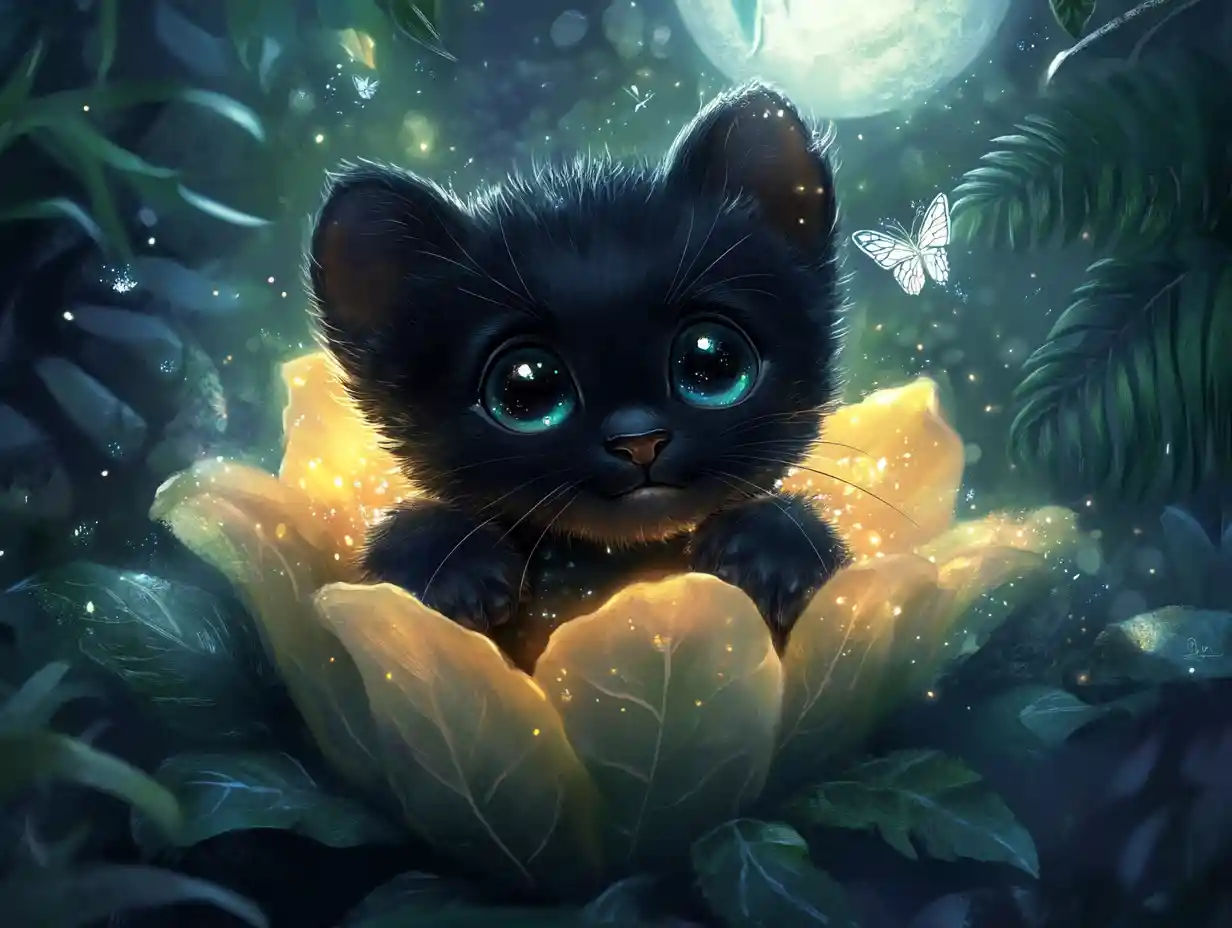 Baby panther in glowing enchanted flower under moonlit sky