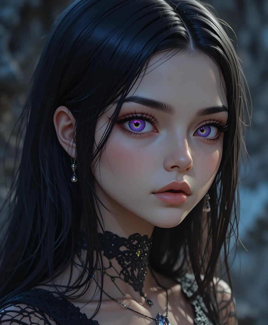 Dark anime spirit girl with pale skin and violet eyes