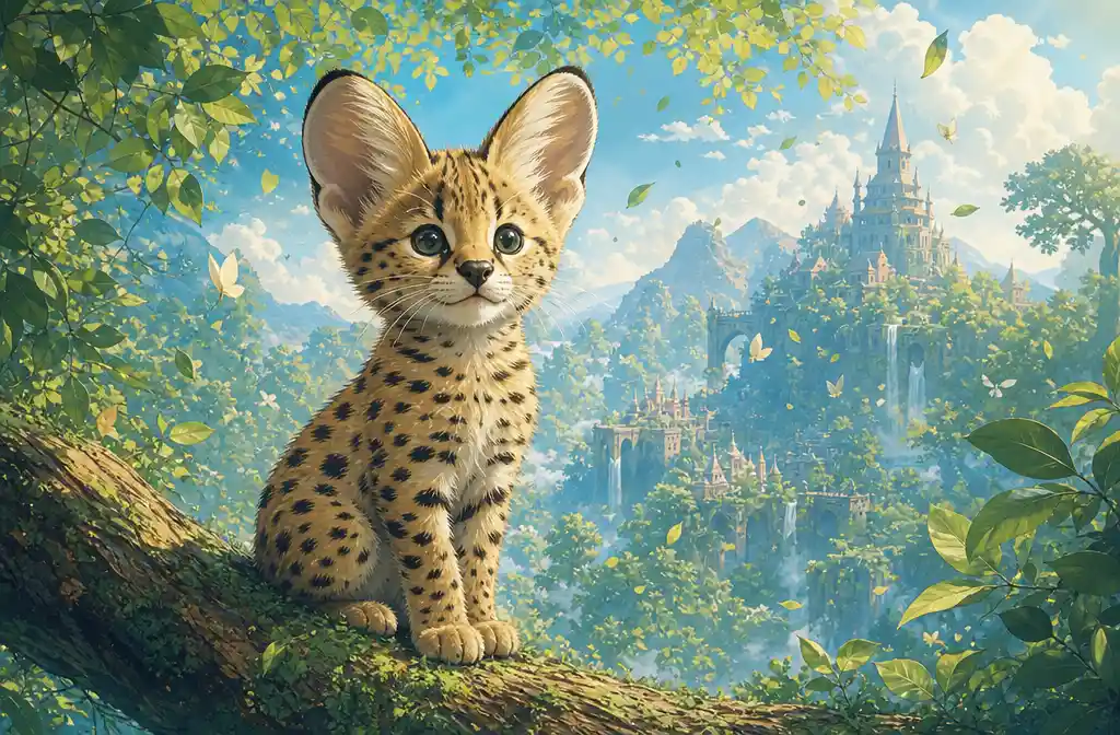 Cute serval kitten on a sunlit forest branch