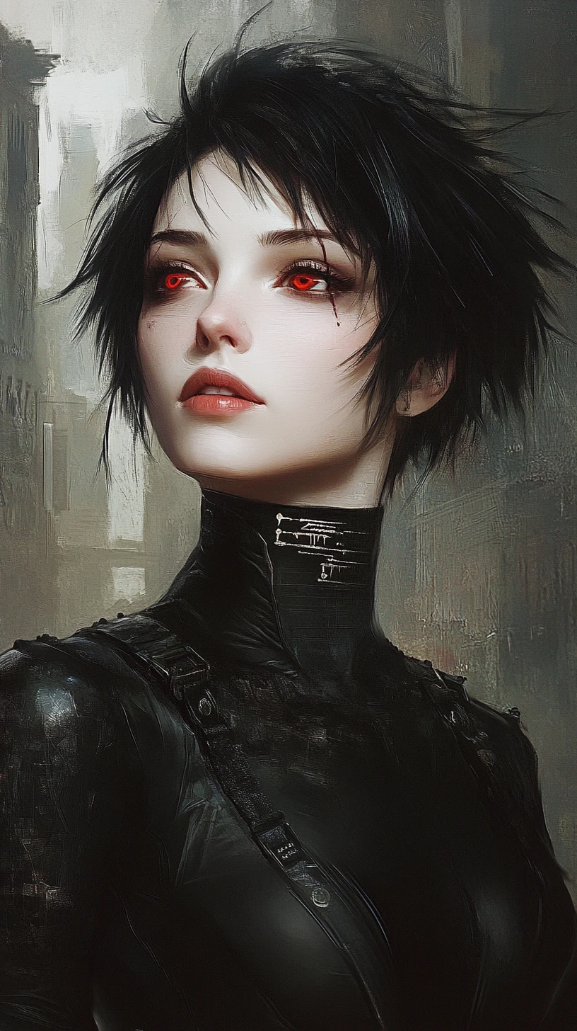 Ethereal woman with glowing red eyes in urban shadows
