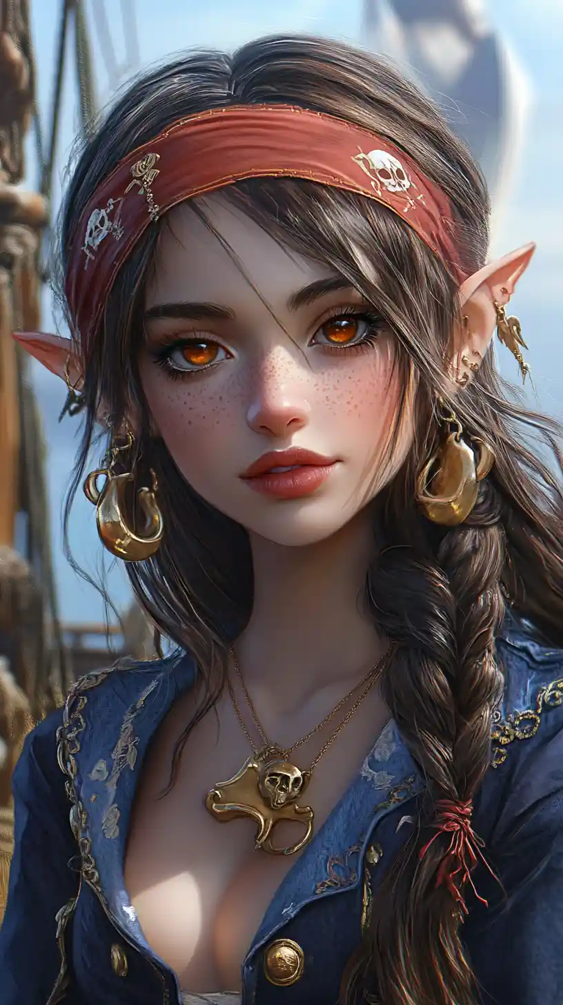 Portrait d’une femme pirate espiègle sur une mer bleue calme