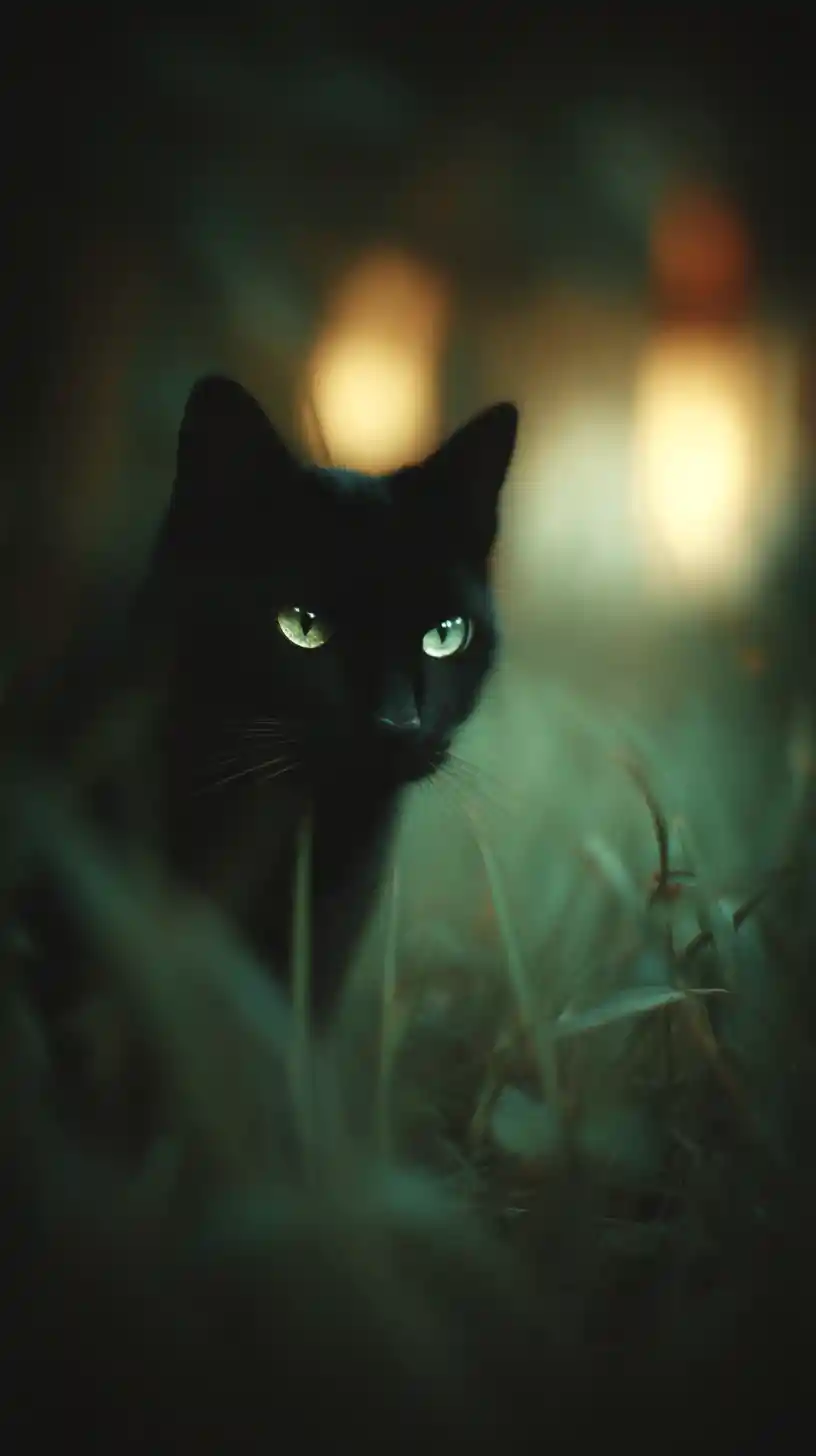 Black cat staring from deep green forest shadows