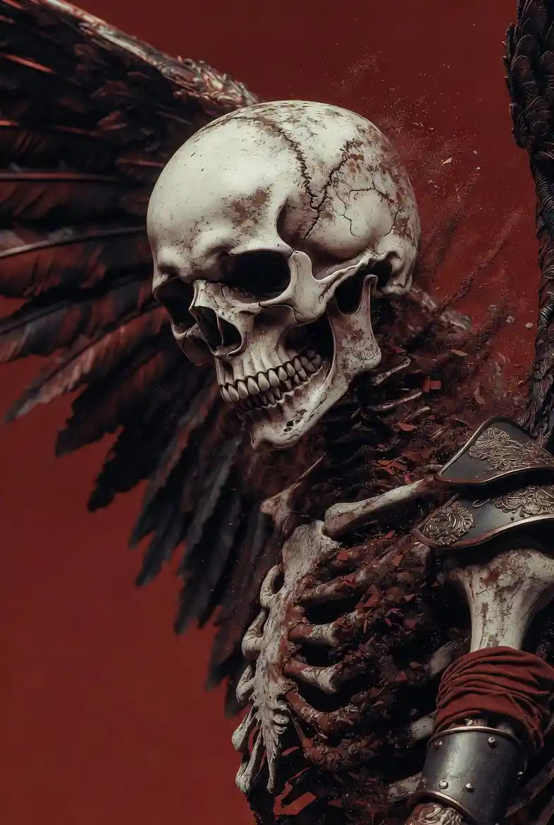 Decaying skeletal angel with dark wings on red backdrop
