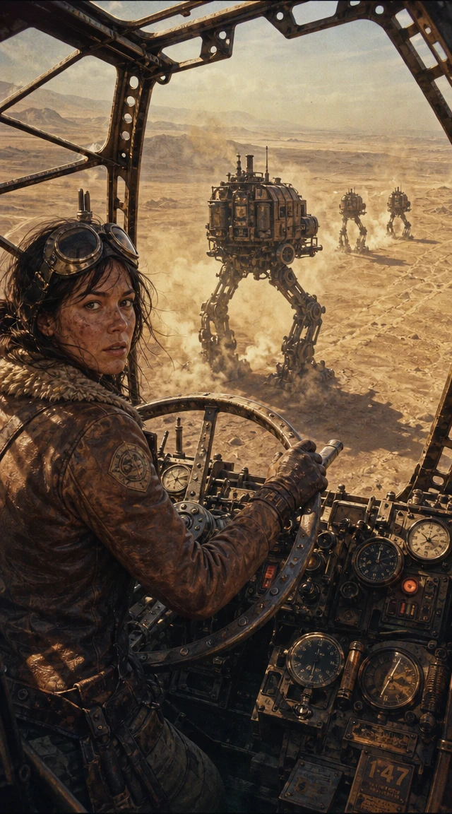Vista desde la cabina de un andador dieselpunk sobre un abismo de desierto interminable