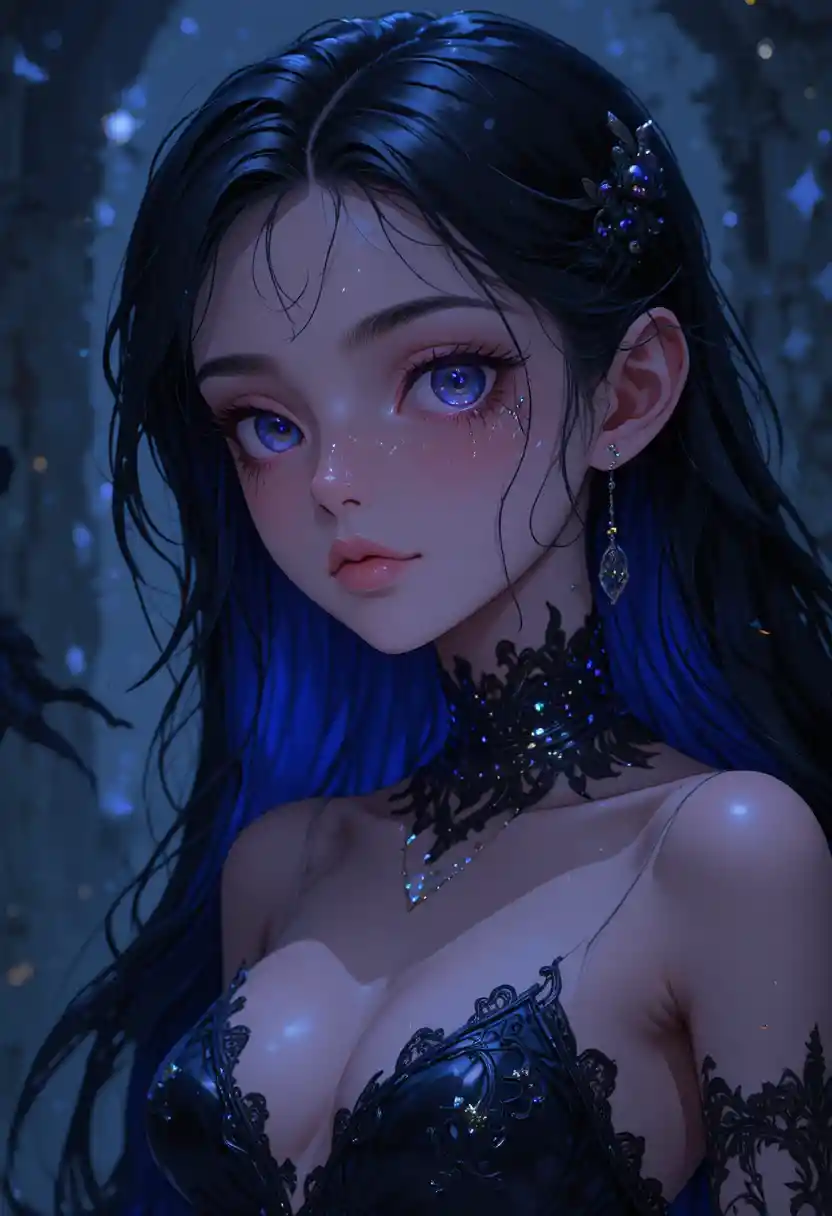 Dark anime ghost girl with glowing violet black eyes