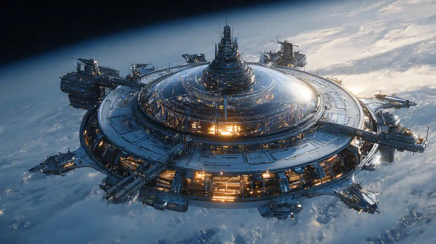 Majestic orbital space station with glowing domed structure