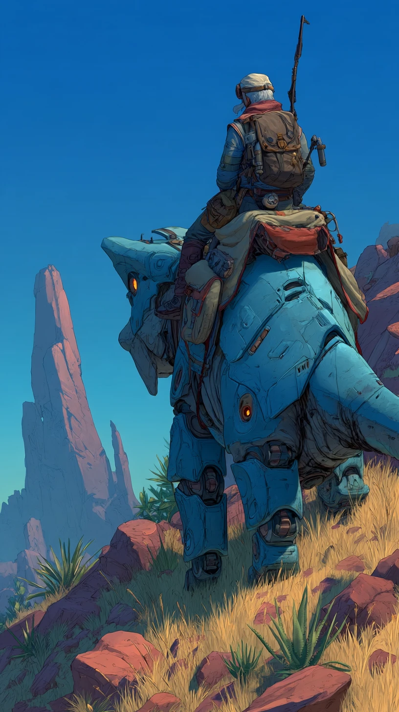 Lone scout riding robotic reptile up a rocky desert slope