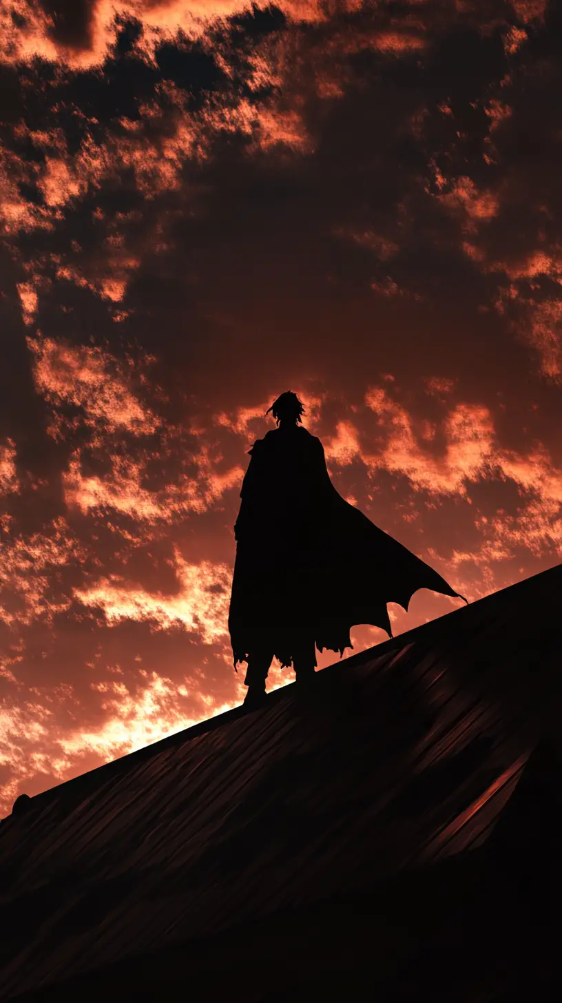 Figura oscura su un tetto al tramonto sopra la città