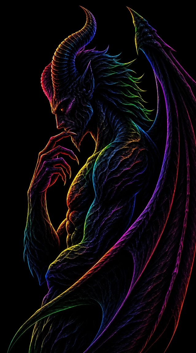 Horned demon profile wrapped in glowing neon wings