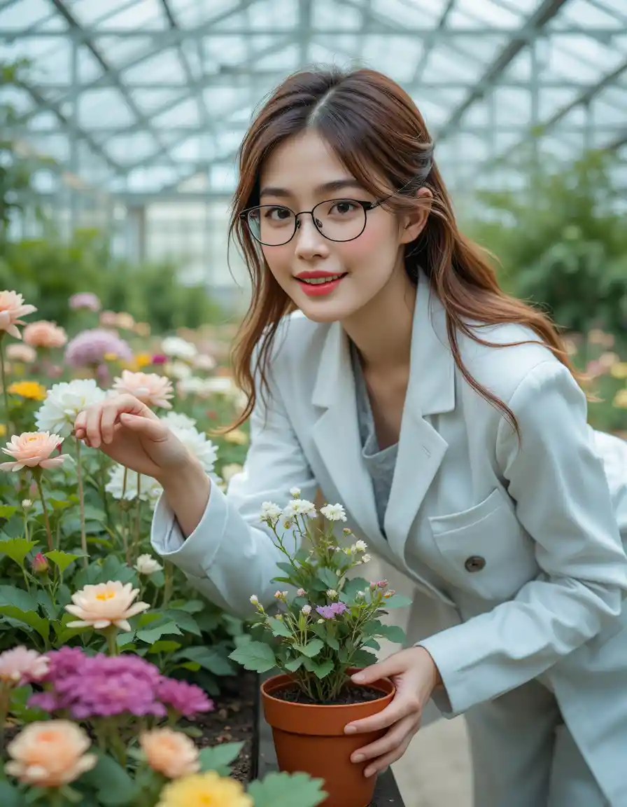 Japanese student examining flowers in a greenhouse conservatory