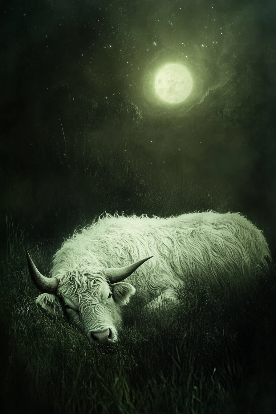 Peaceful night in soft grass beside distant cattle