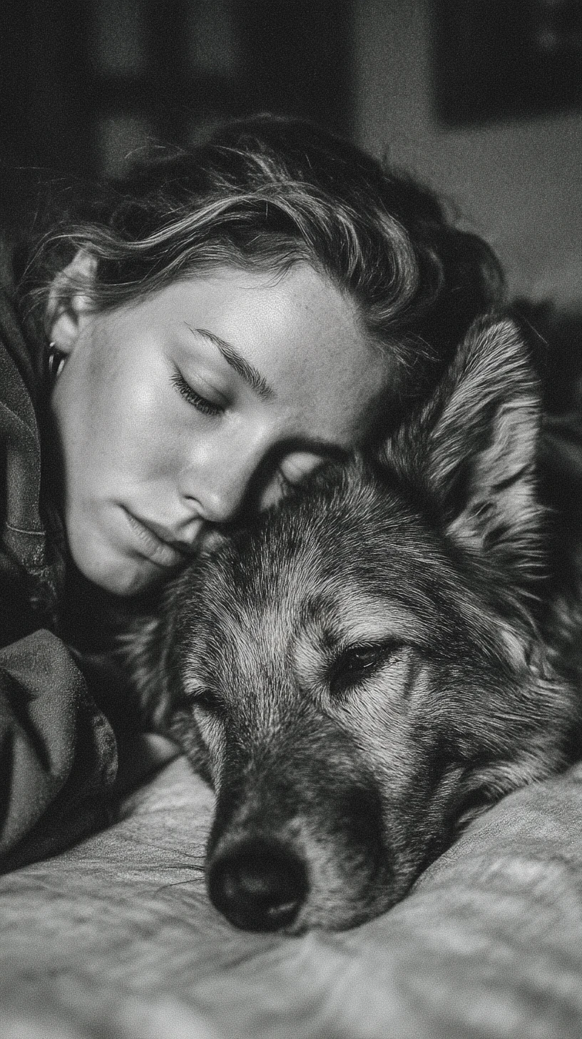 Woman lying on the floor beside her sick dog