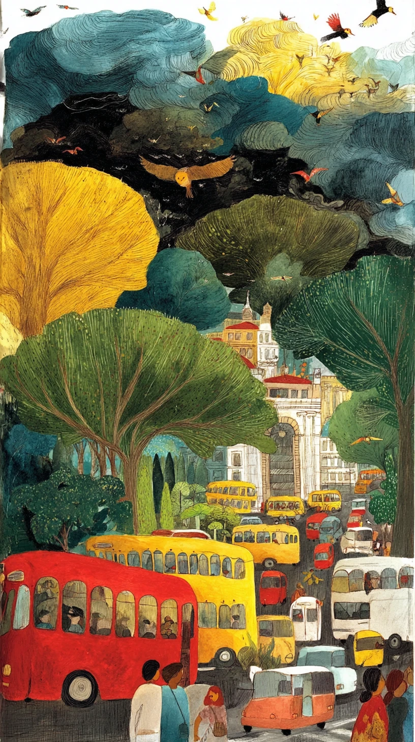 Paris city street painting with trees buses and people