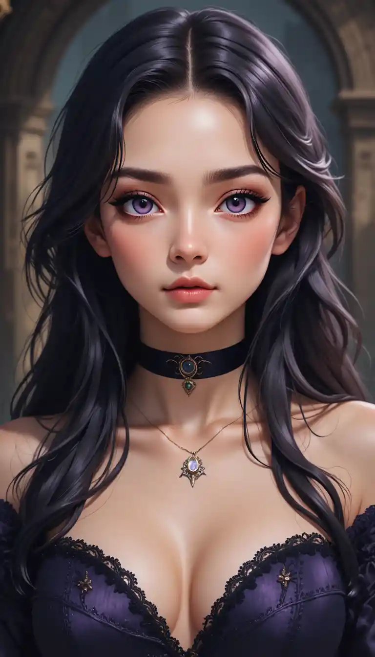 Young anime witch girl with deep violet eyes