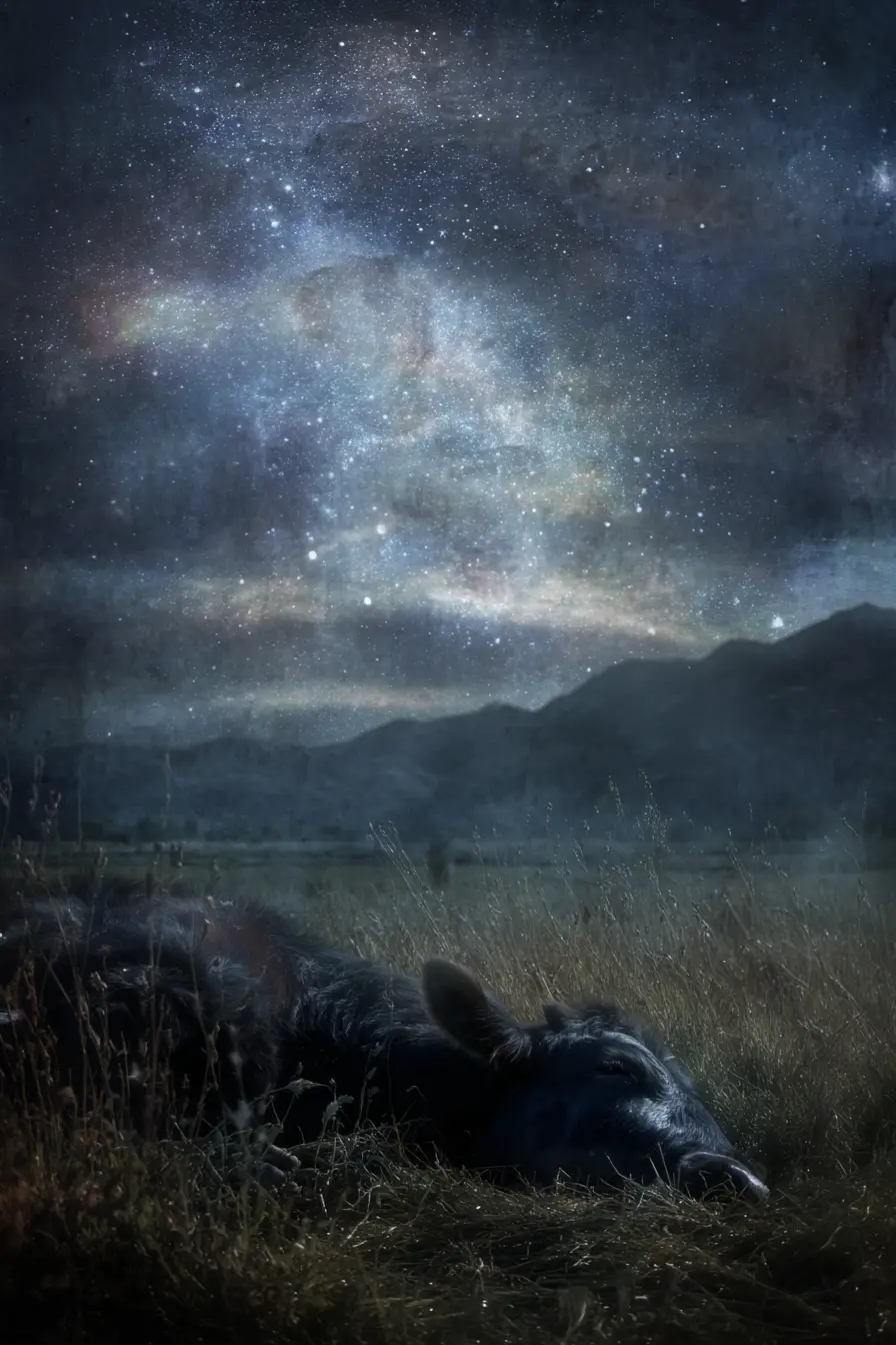 Peaceful night field with cattle under a starry sky