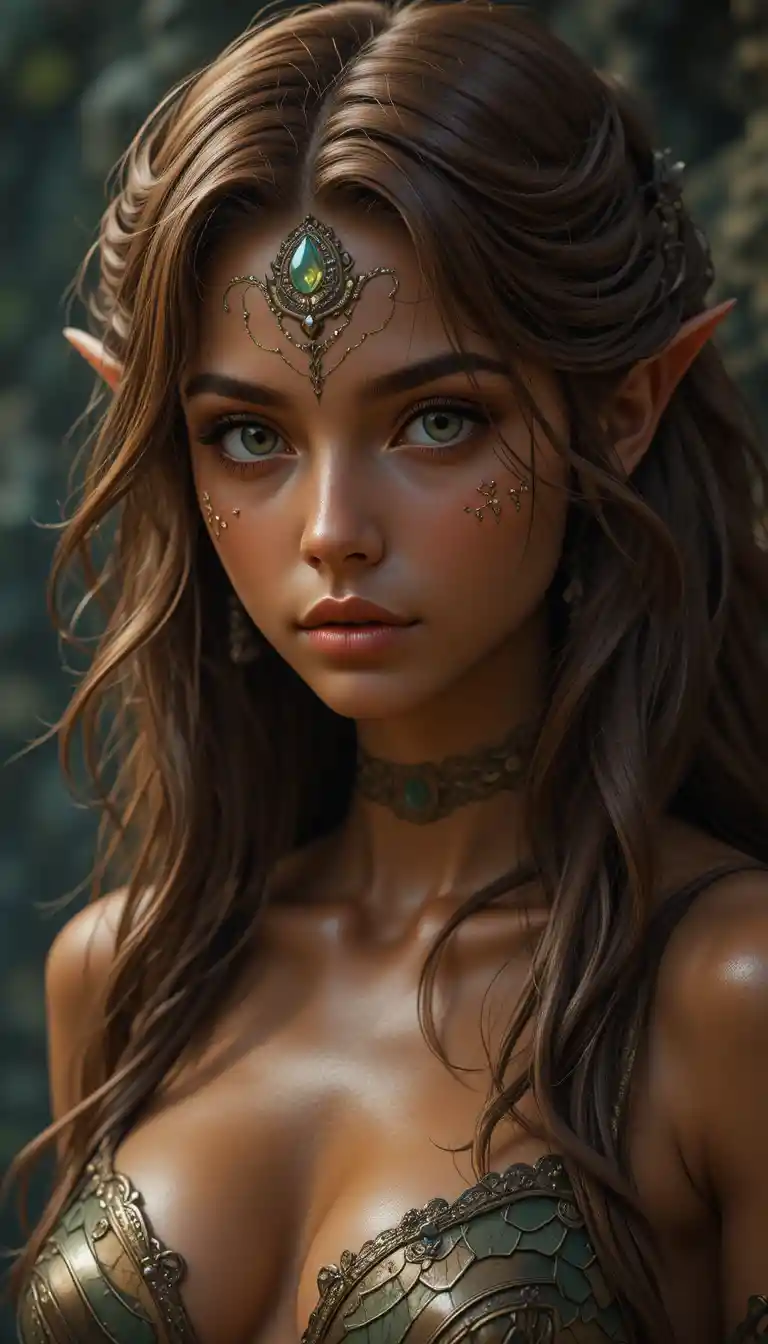 Young fantasy anime girl with green eyes and brown hair