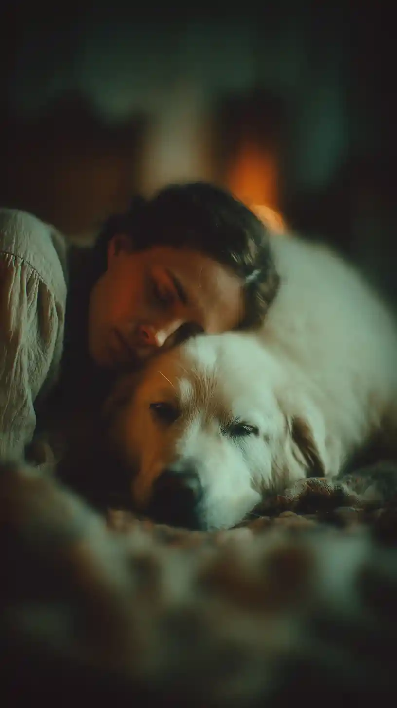 Woman lying on the floor beside her sick dog