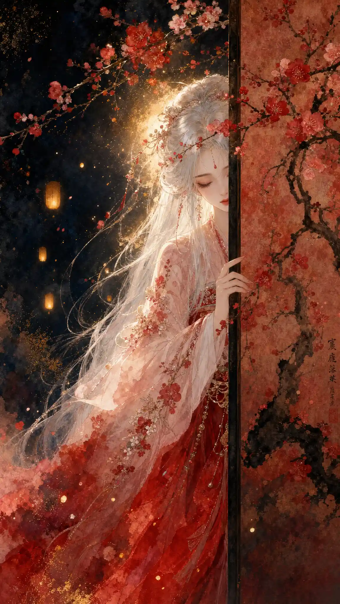 Ragazza dai capelli d’argento in hanfu rosso dietro un paravento di fiori di pruno
