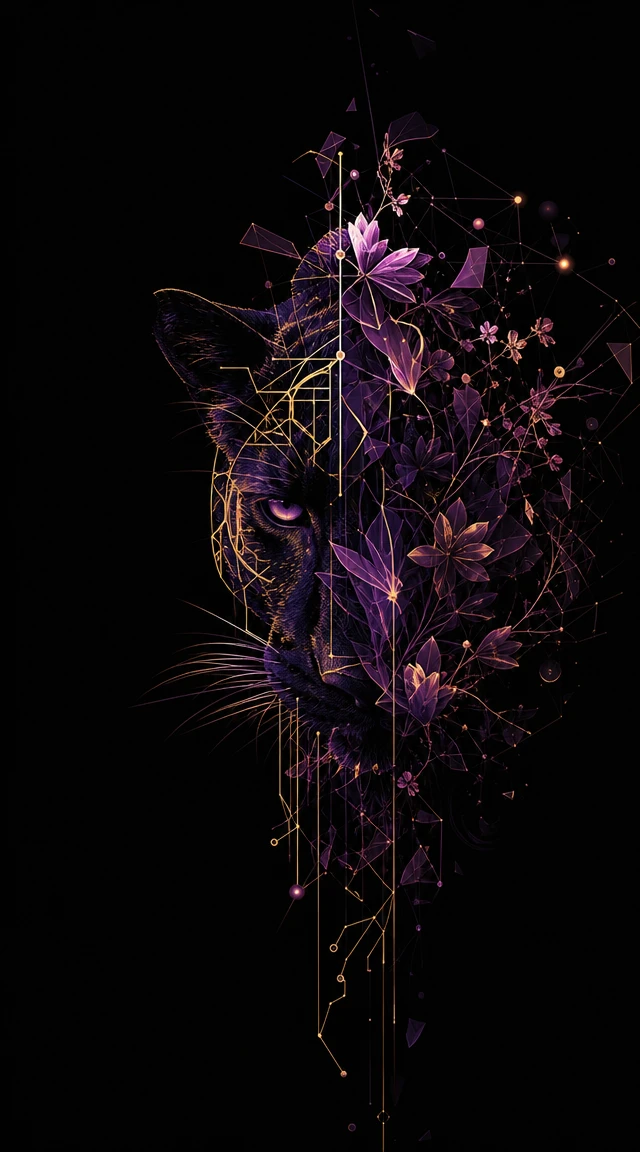 Fragmented panther dissolving into abstract neon floral forms