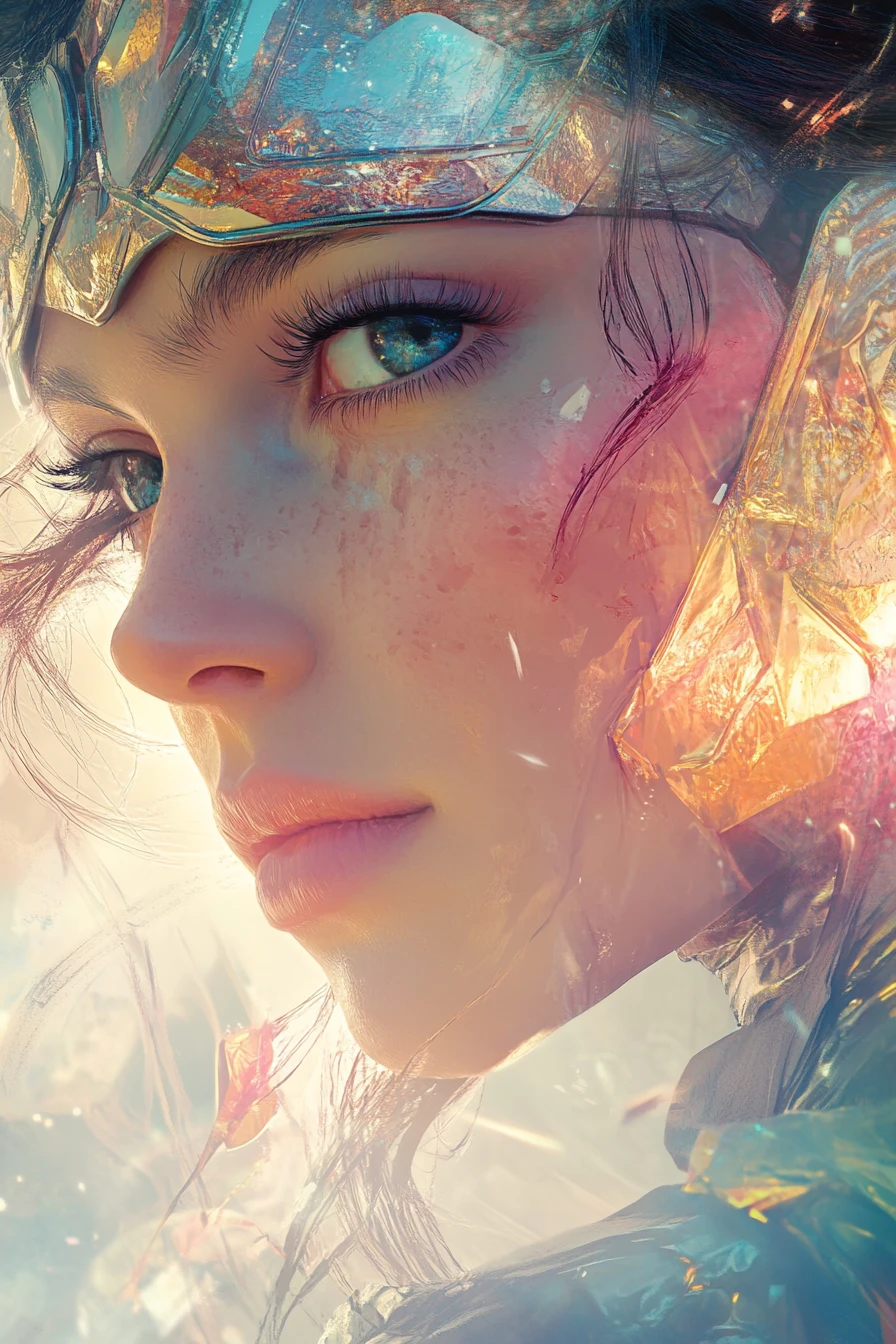 Futuristic comic style woman with dreamy pastel fantasy backdrop