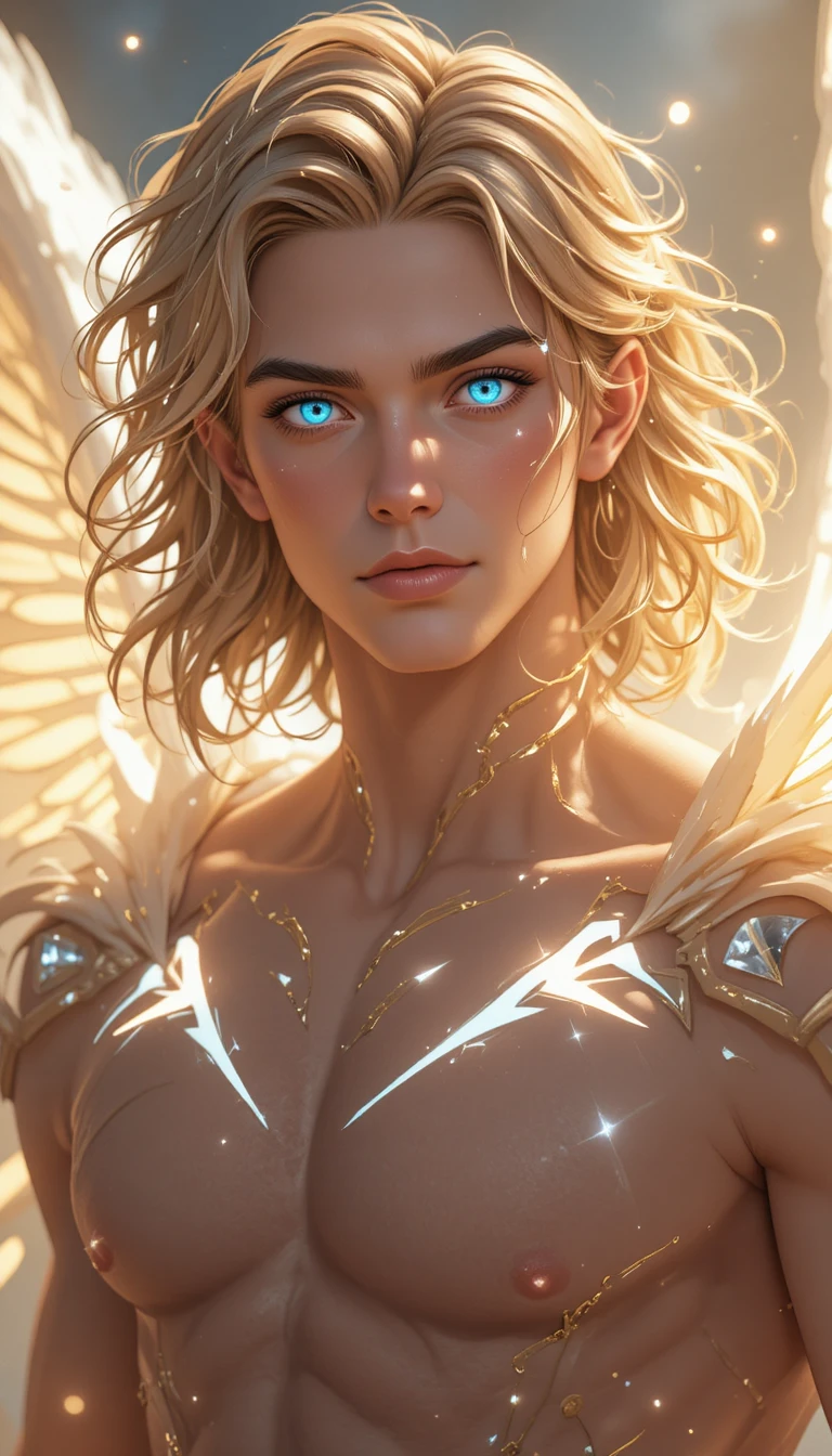 Angelic young man with glowing wings in anime style