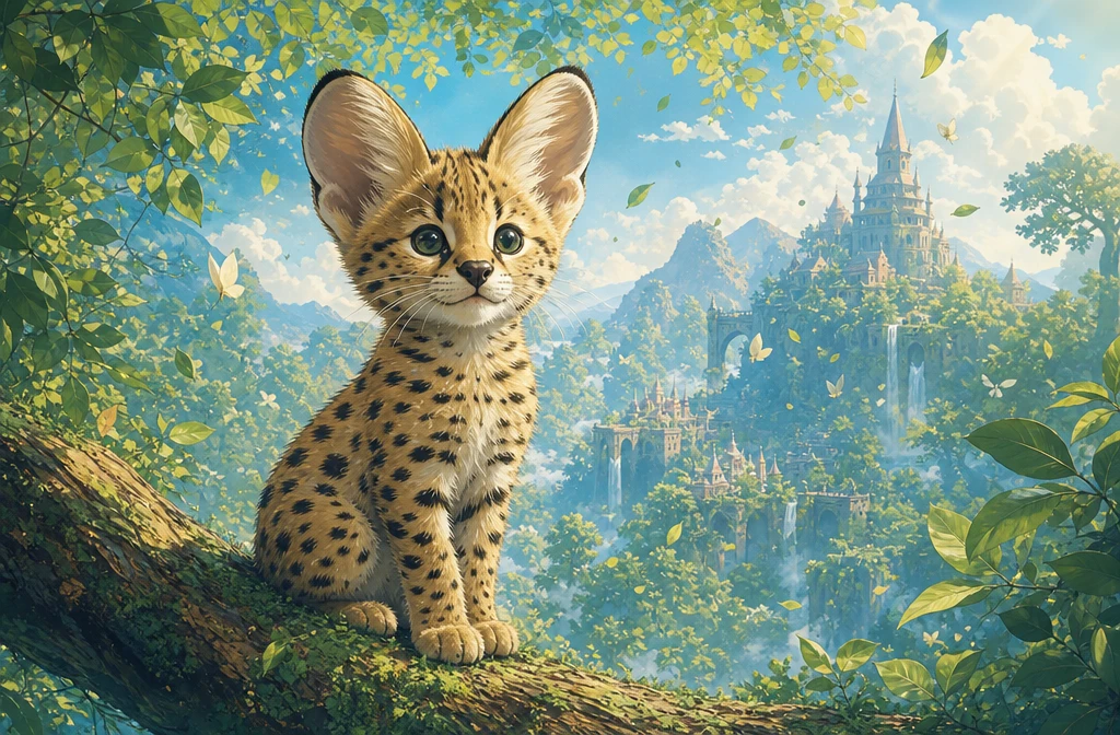 Cute serval kitten on a sunlit forest branch