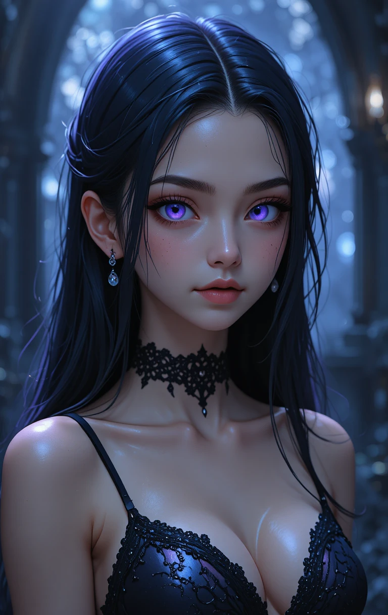 Dark anime spirit girl with pale skin and violet eyes