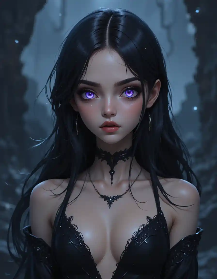 Dark anime ghost girl with pale skin and glowing eyes