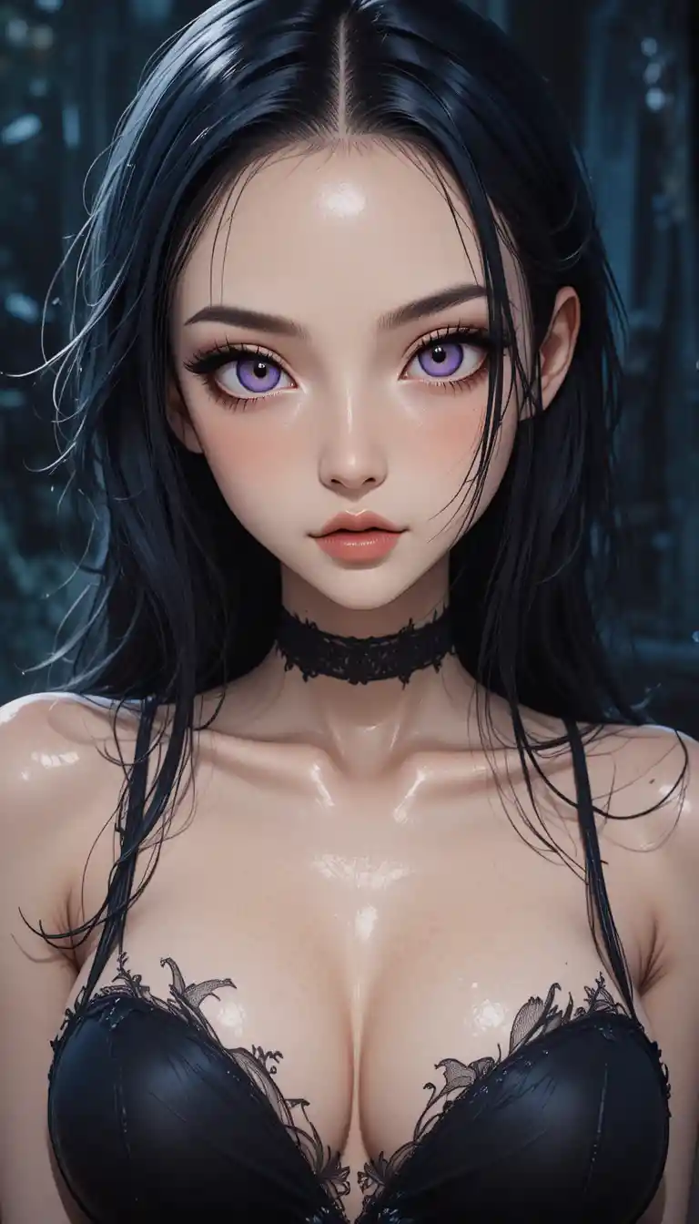 Ethereal anime ghost girl with dark violet eyes
