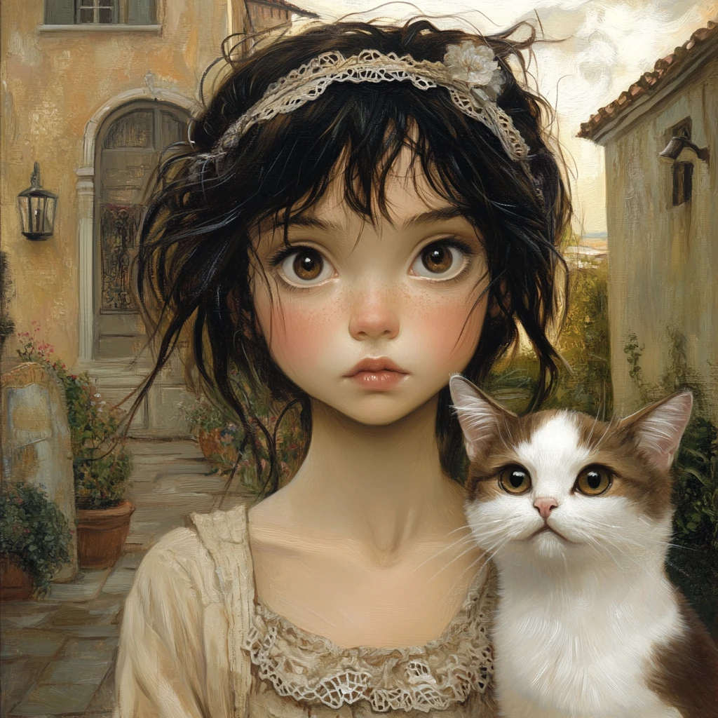 Young girl with cat on a tranquil home patio