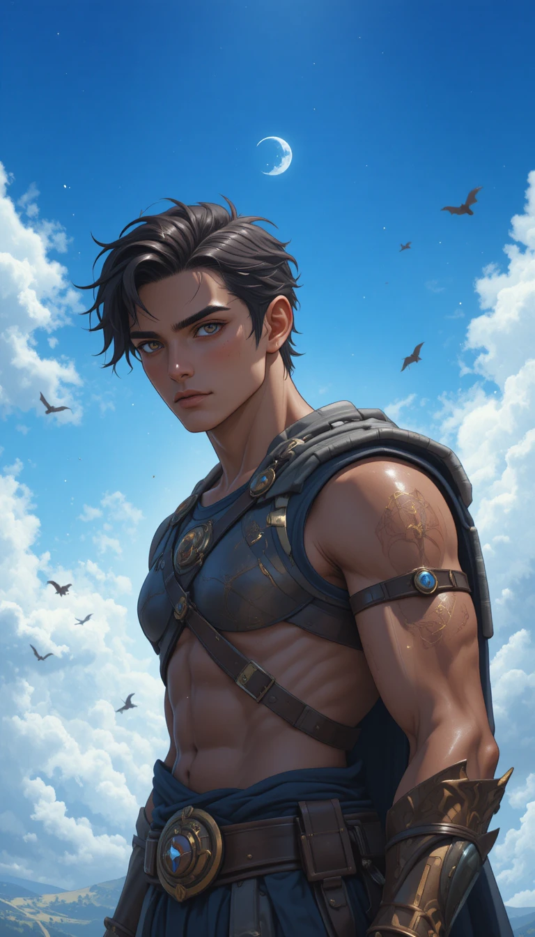 Winged fantasy man with dark hair and fiery aura