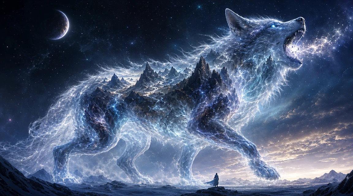 Colossal Translucent Wolf Walking Across A Starlit Plain