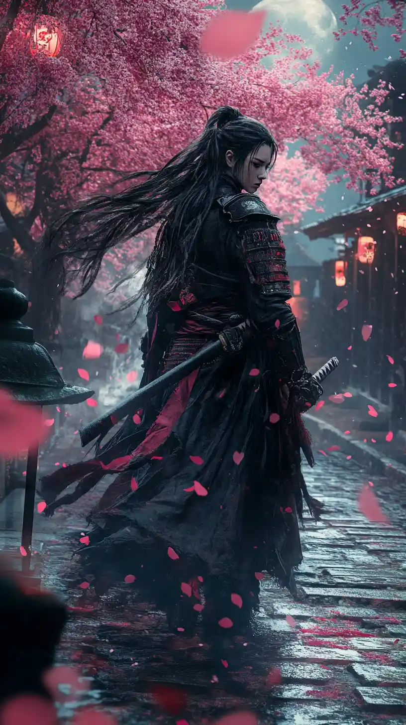 Somber female samurai walking through a moonlit village street