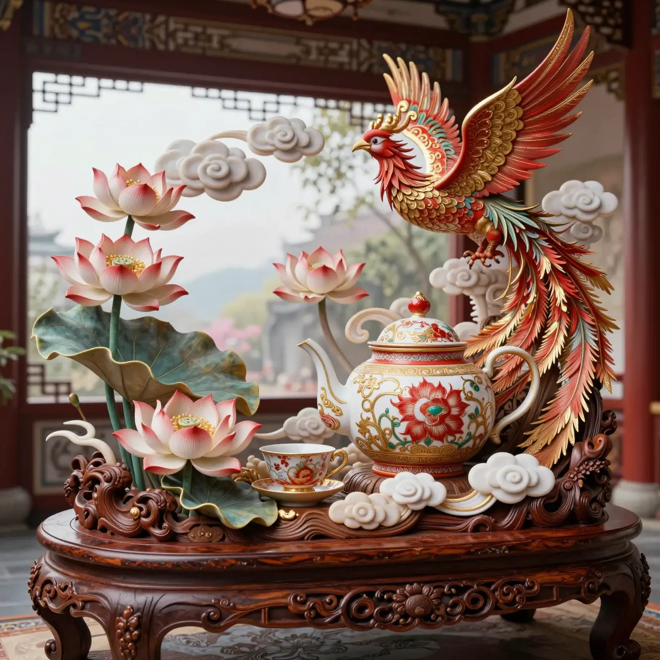 Ornate Chinese teapot carving on a wooden table