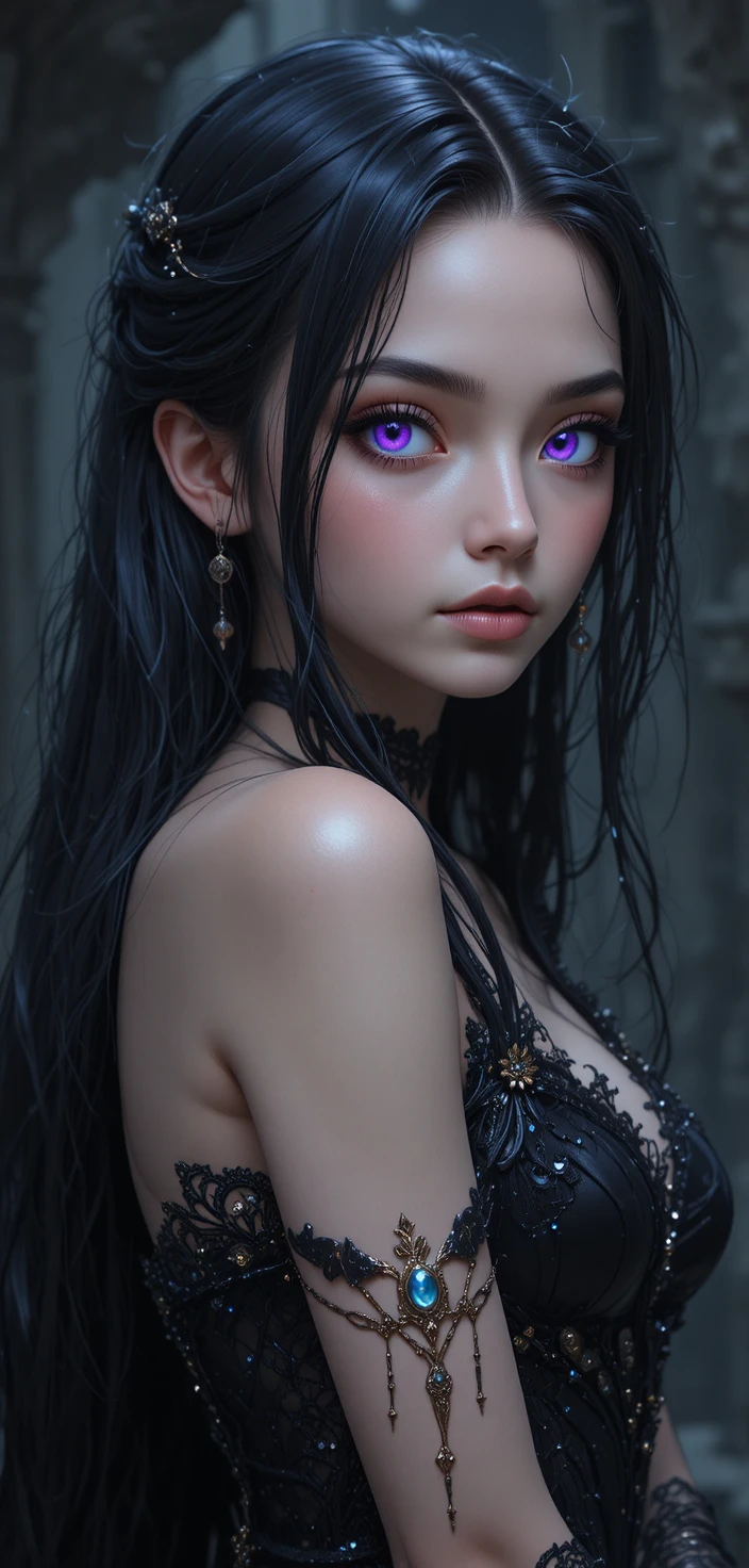 Ragazza spirito oscura in stile anime con luminosi occhi viola