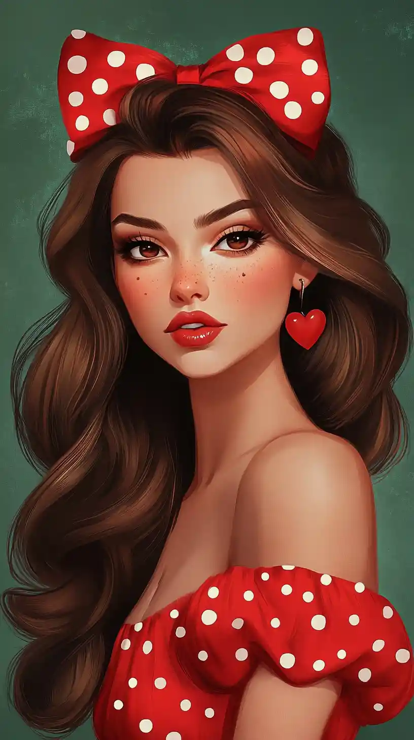 Disney style girl with red bow and polka dot dress