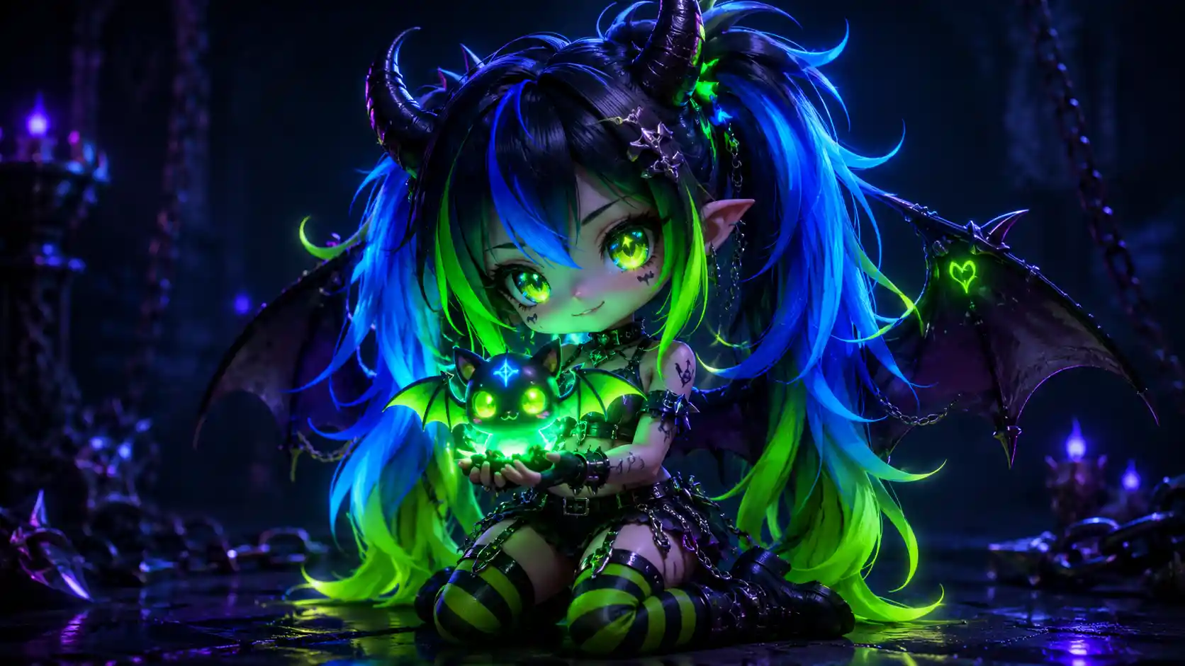 Chibi demon girl with neon hair and glowing bat companion