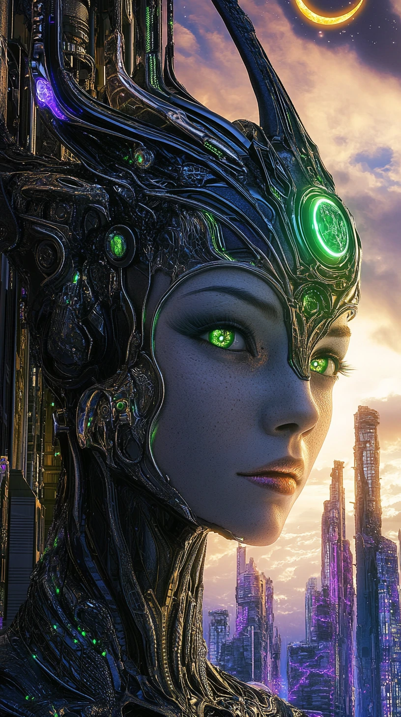 Ethereal Celestial Goddess Before Alien City At Twilight
