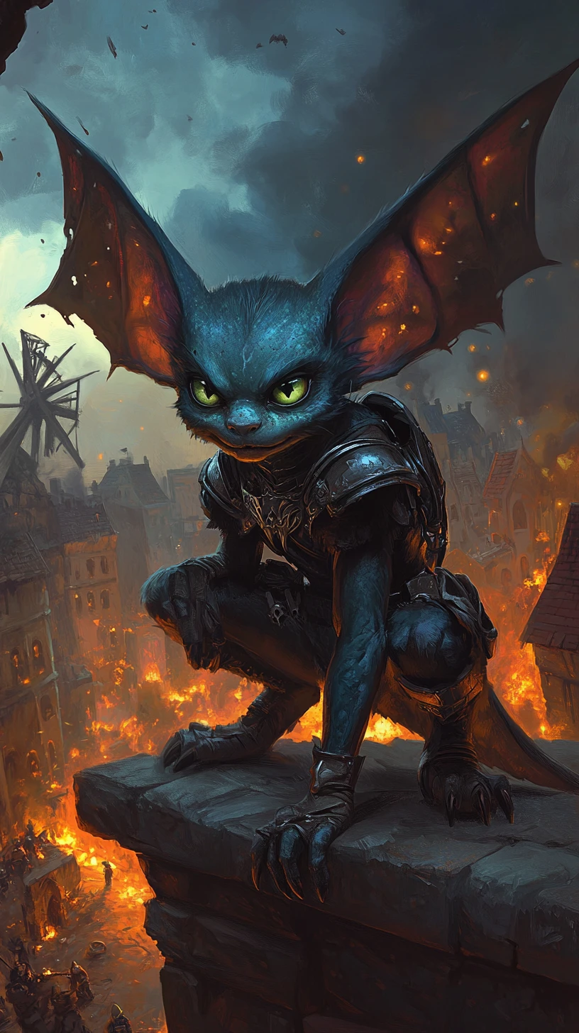 Blue armored fantasy creature perched over burning city