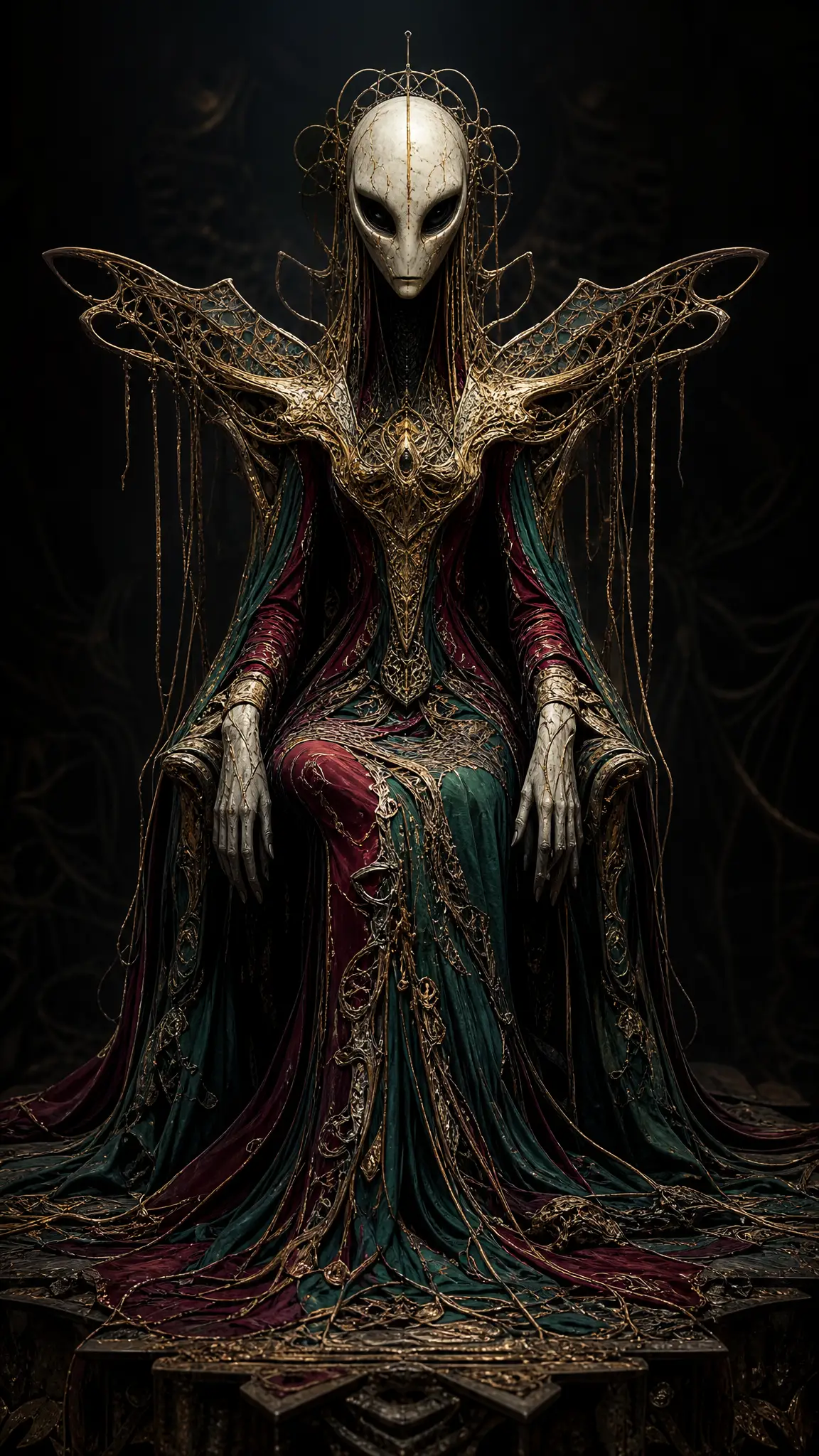 Surreal alien figure on a throne in a dark void