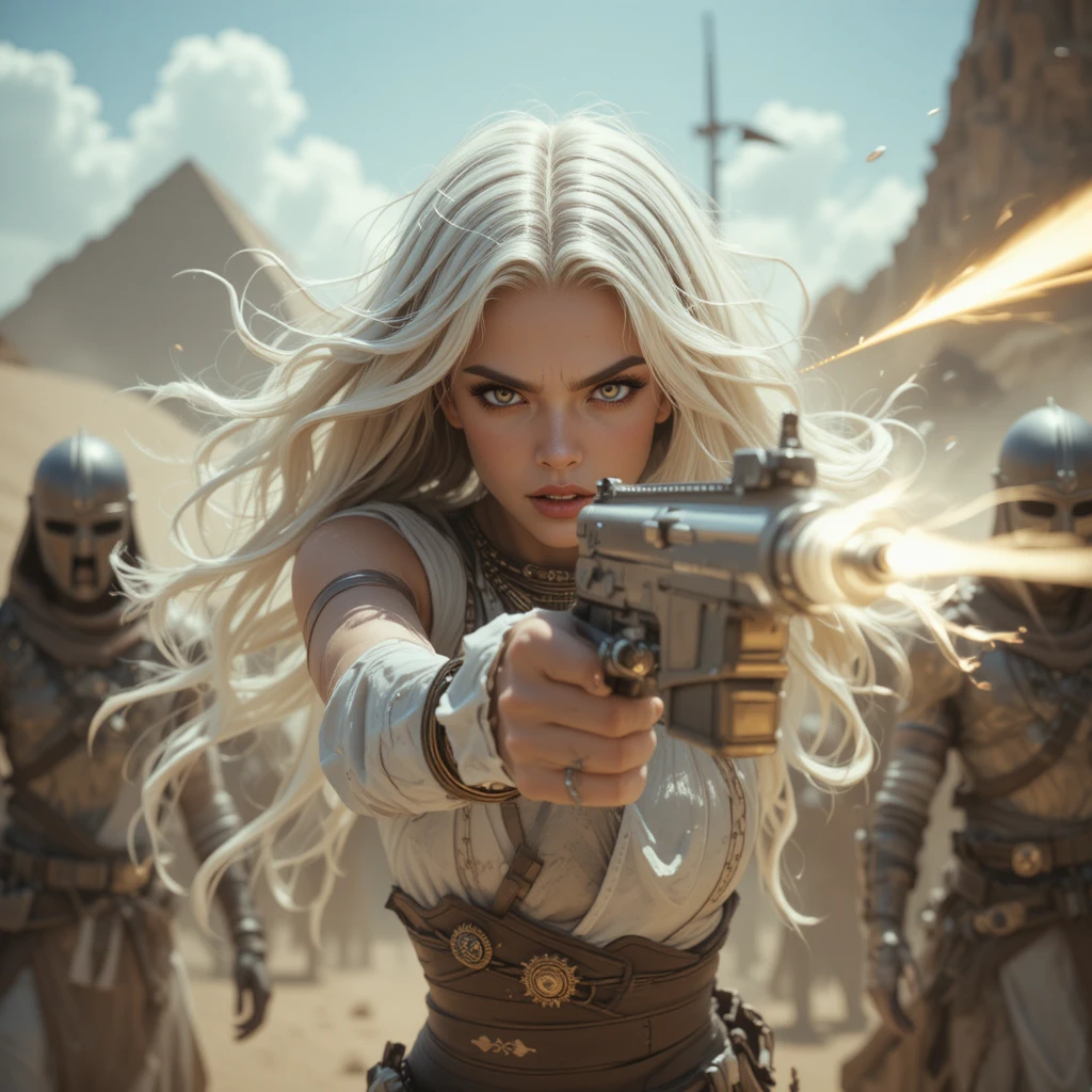 Anime girl battling guards in a windy desert scene