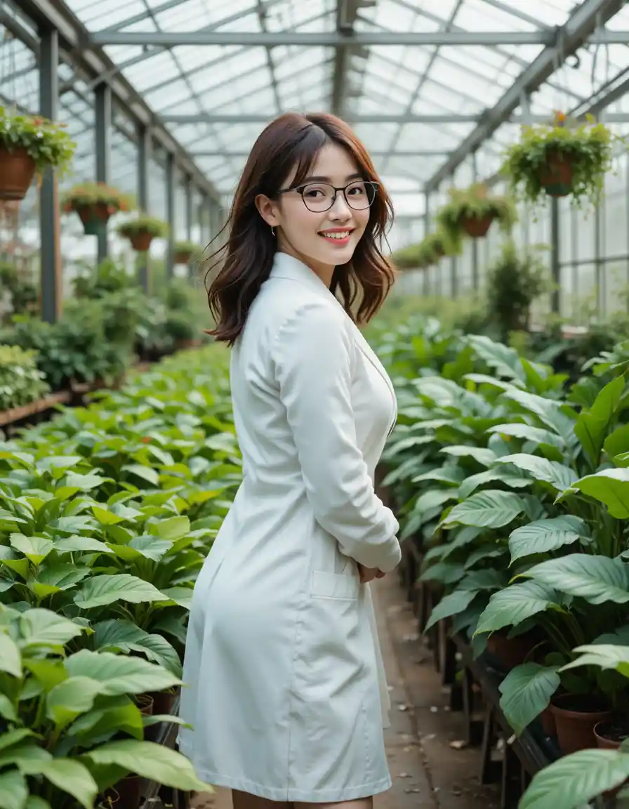 Universitária japonesa em estufa inspecionando plantas em vasos