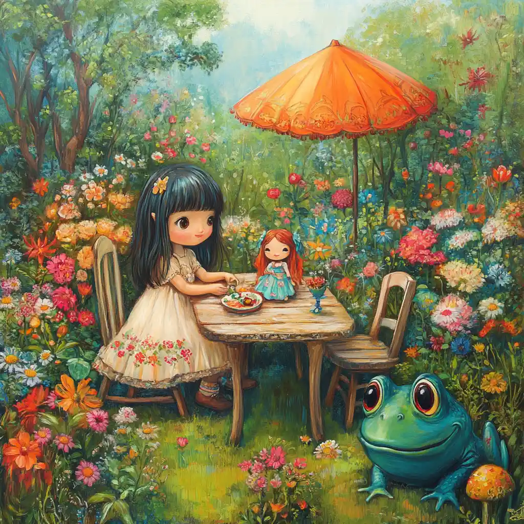 Young girl playing with doll in a peaceful garden