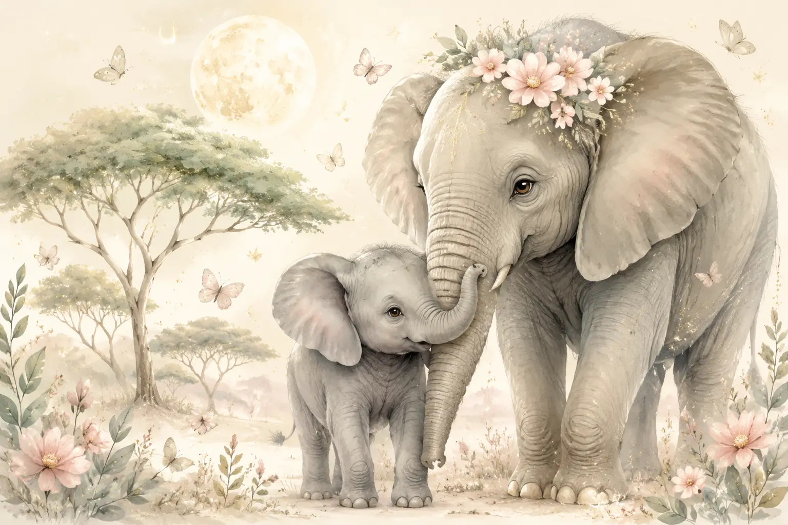 Baby Elephant Nuzzling Mother In Soft Nursery Illustration