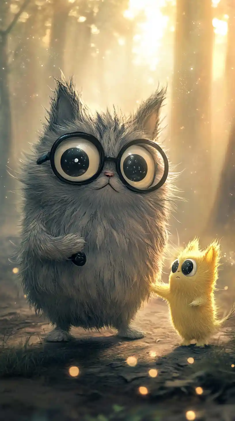 Fluffy forest monsters with curious eyes in soft watercolor