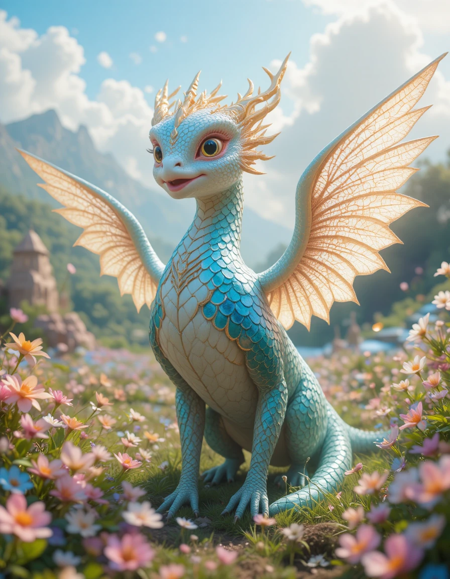 Majestic dragon bird hybrid in a vibrant spring landscape