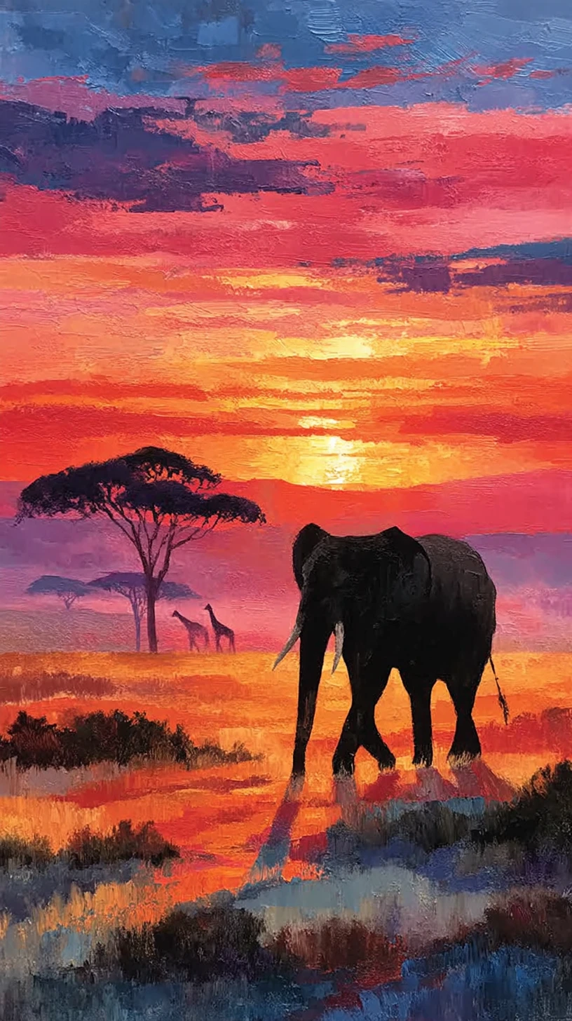 African elephant walking across savanna at sunset
